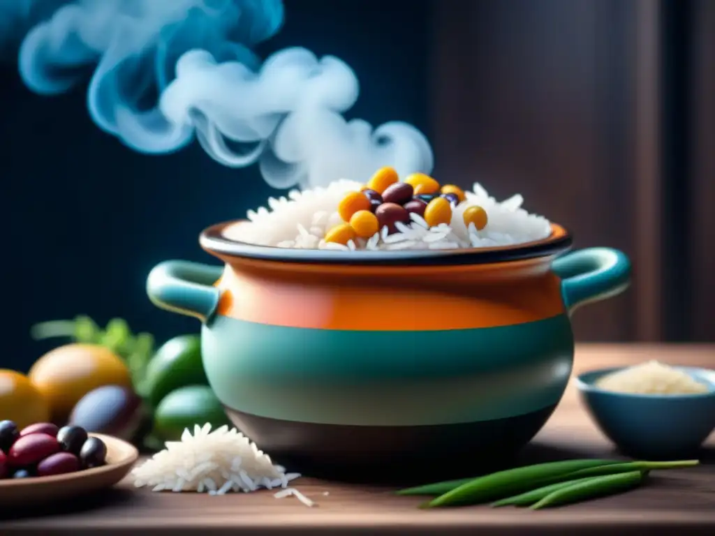 Detalle de olla caribeña con arroz y frijoles, reflejando la autenticidad de recetas históricas arroz frijoles caribe