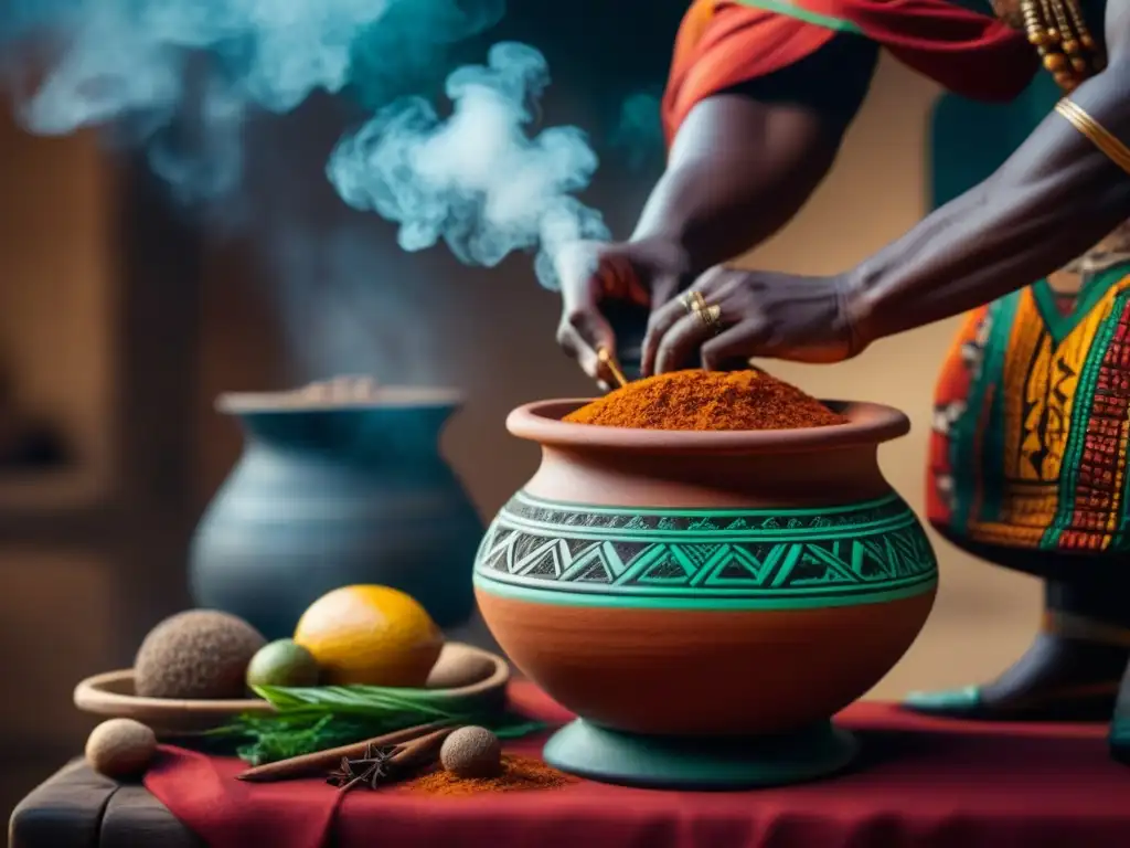 Detalle de una olla de barro africana con especias coloridas y aromáticas para recetas históricas imperios africanos precoloniales