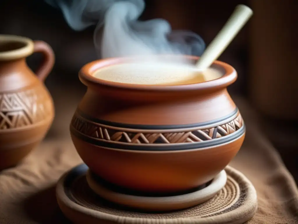 Detalle de olla de barro con atole humeante, reflejando el origen y receta tradicional atole azteca