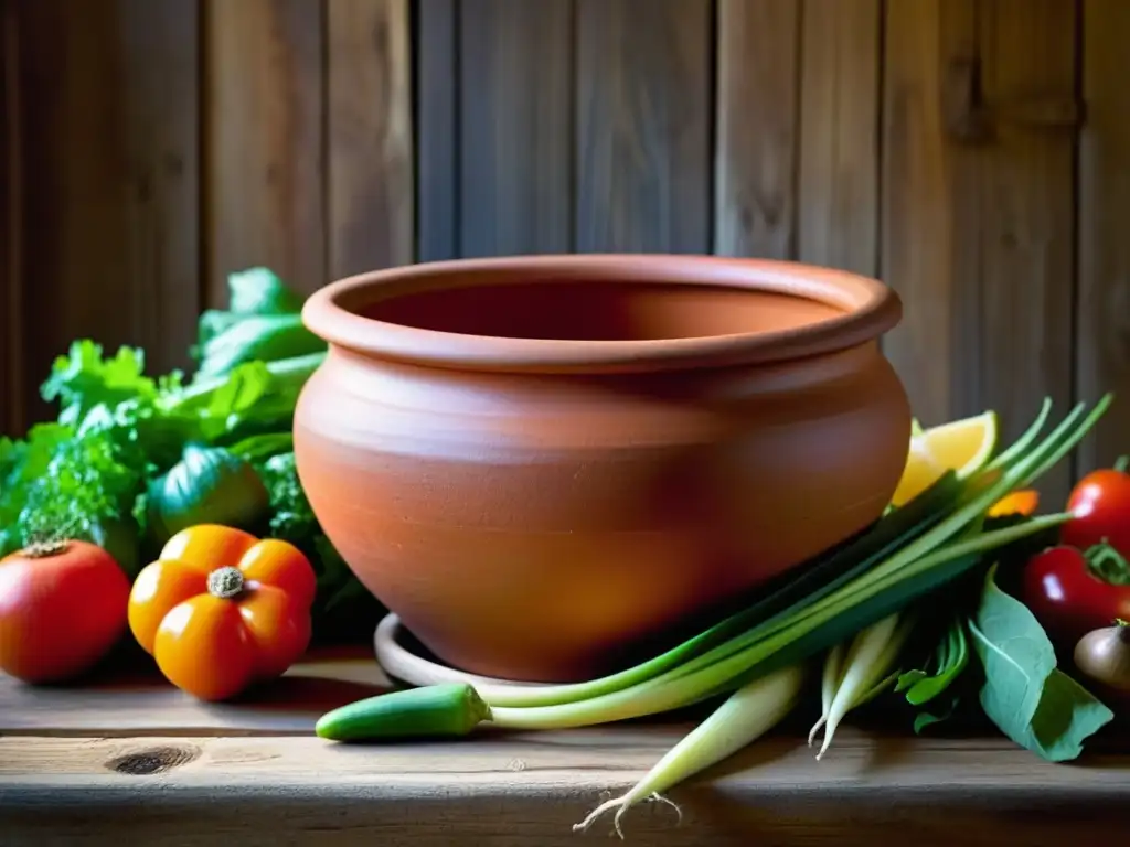 Detalle de olla de barro con frutas y verduras frescas, iluminada por luz natural