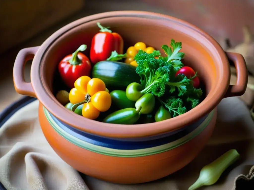 Detalle de una olla de barro con vegetales y frutas frescas, destacando la conservación de alimentos histórica innovadora