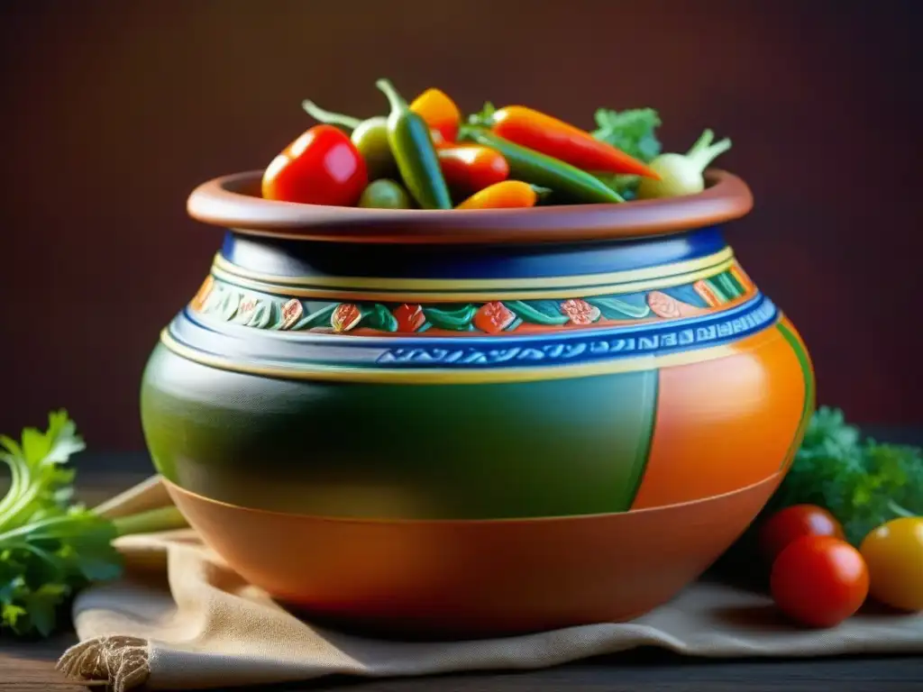 Detalle de una olla de barro con vegetales encurtidos, resaltando la conservación de alimentos histórica innovadora