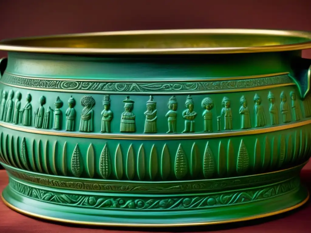 Detalle de una olla de bronce romana decorada con escenas de la vida cotidiana