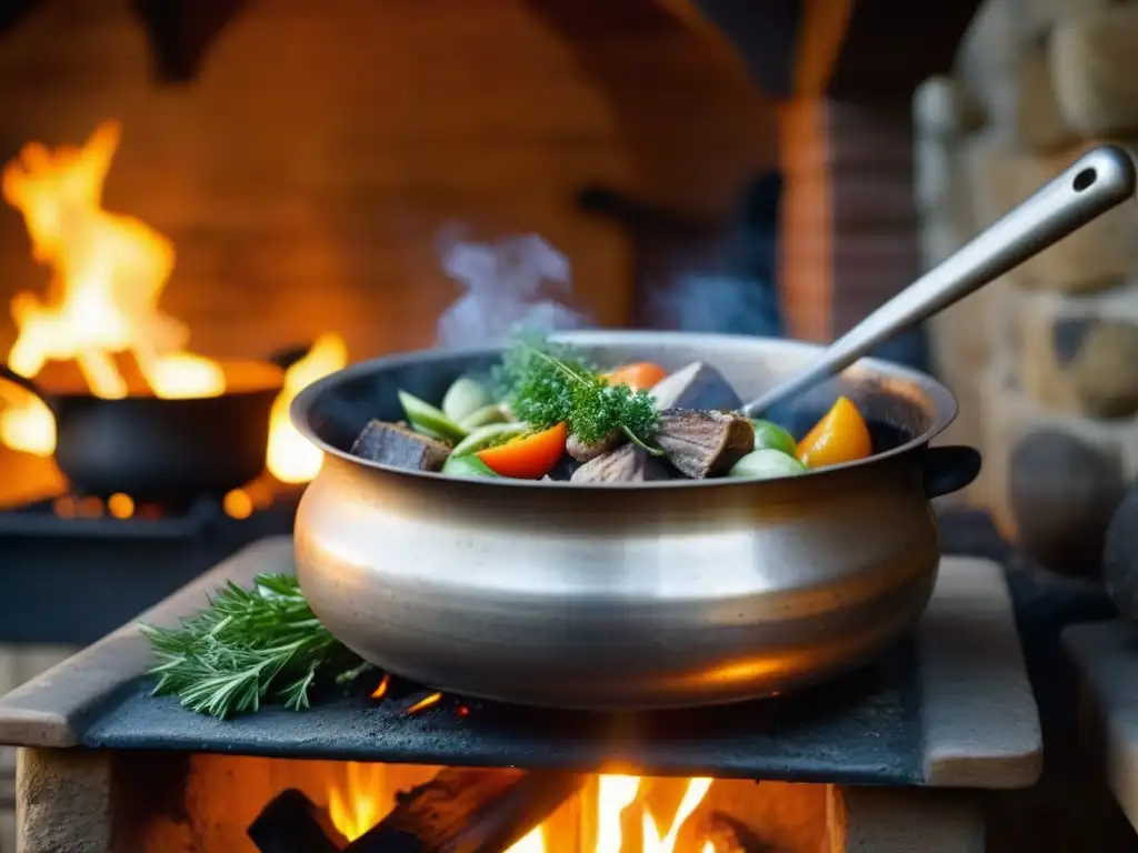 Detalle de olla burbujeante en fuego medieval con ingredientes, recetas históricas de Gastronomía Europa Medieval