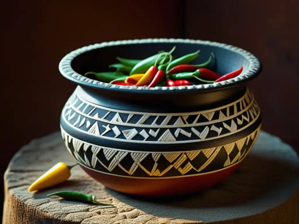 Detalle de olla azteca con maíz y chiles, reflejando la herencia culinaria en la conquista