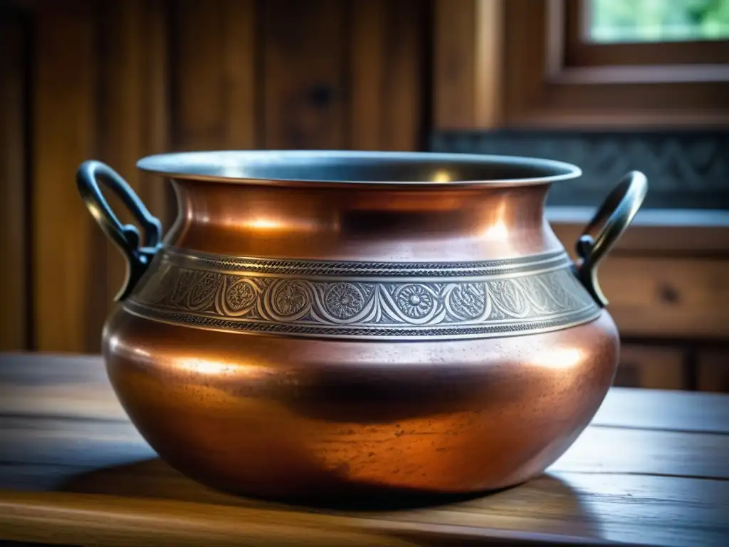 Detalle de una olla de cobre antigua sobre una encimera de madera en cocina contemporánea