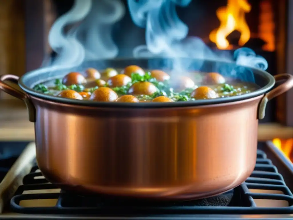 Detalle de olla de cobre antigua con estofado burbujeante en estufa de leña: técnicas culinarias revolucionarias era industrial