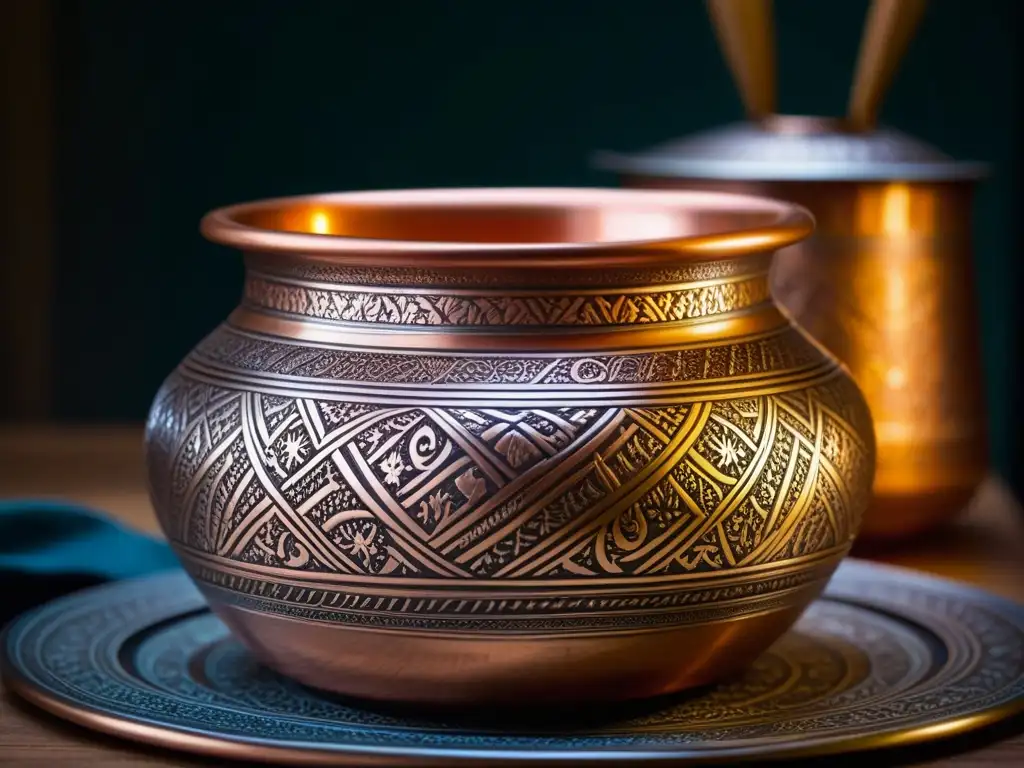 Detalle de una olla de cobre persa artesanal con grabados tradicionales, reflejando la evolución de utensilios de cocina Persia Arabia