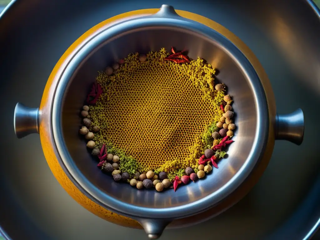 Detalle de olla de cocina antigua de la India con especias coloridas, resaltando la esencia de la cocina vegetariana India antigua