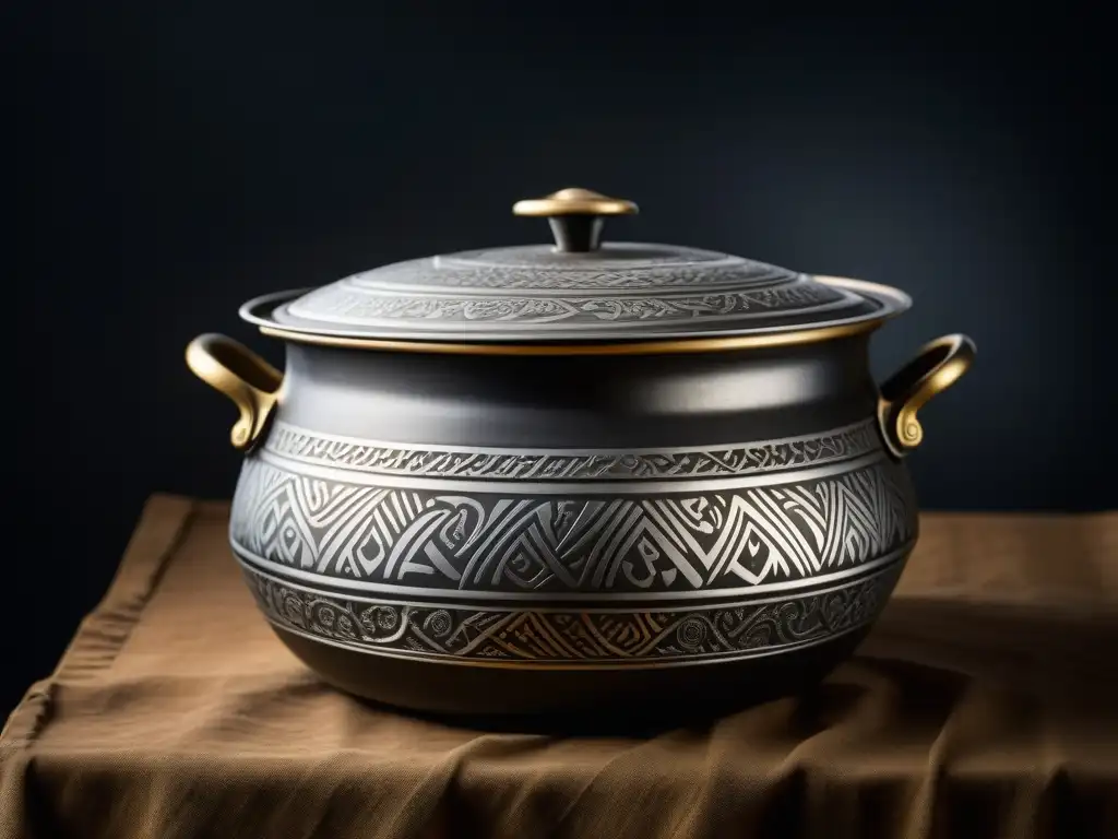 Olla vikinga: detallada artesanía nórdica en metal Detalle de olla de cocina vikinga resistente, con patrones nórdicos grabados