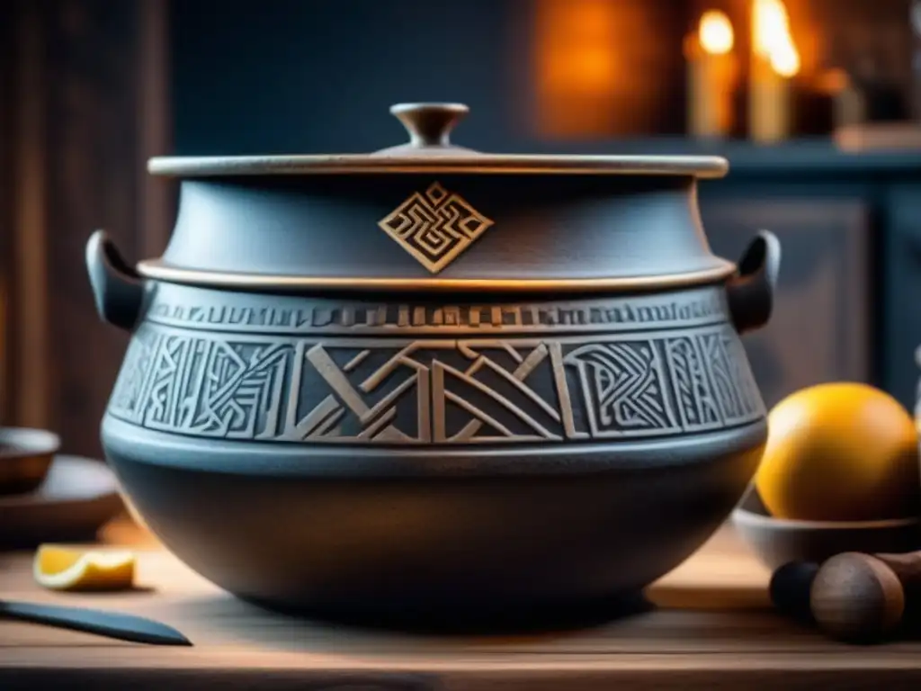 Detalle de una olla de cocina vikinga decorada con símbolos nórdicos y patrones intrincados, rodeada de utensilios de cocina de madera desgastados