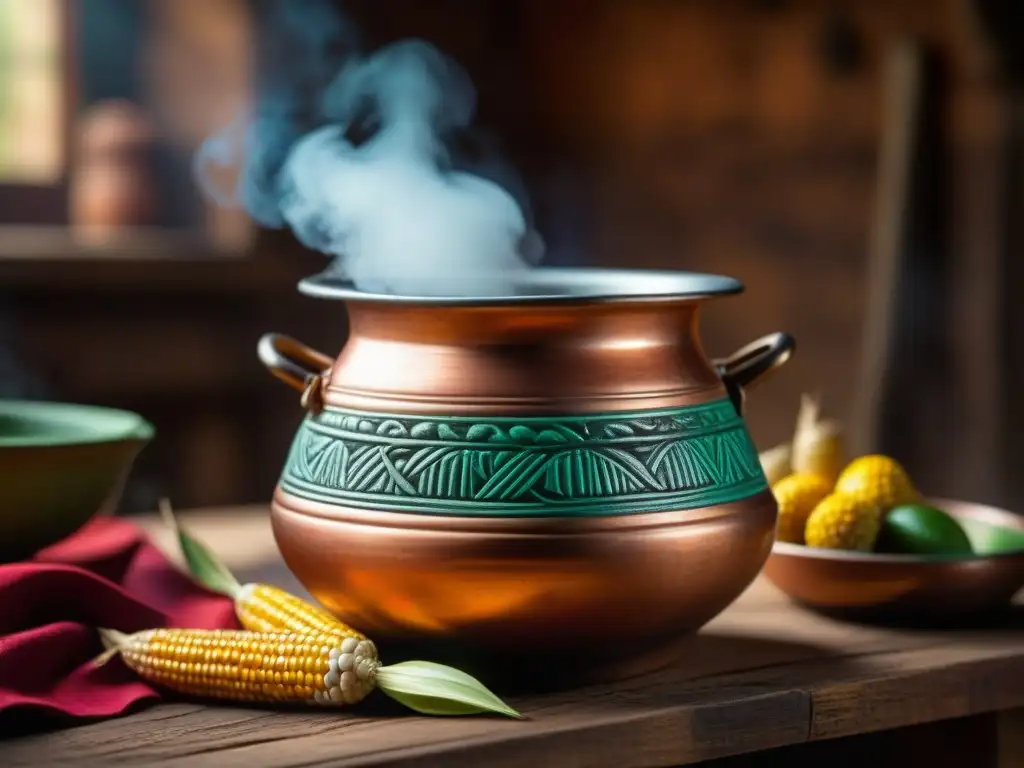 Detalle de olla colonial con chicha burbujeante, en cocina rústica con utensilios de barro y textiles coloridos, bebidas coloniales americanas recetas