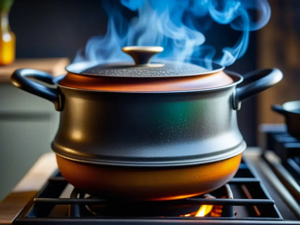 Detalle de olla de hierro en estufa moderna, cocinando recetas históricas