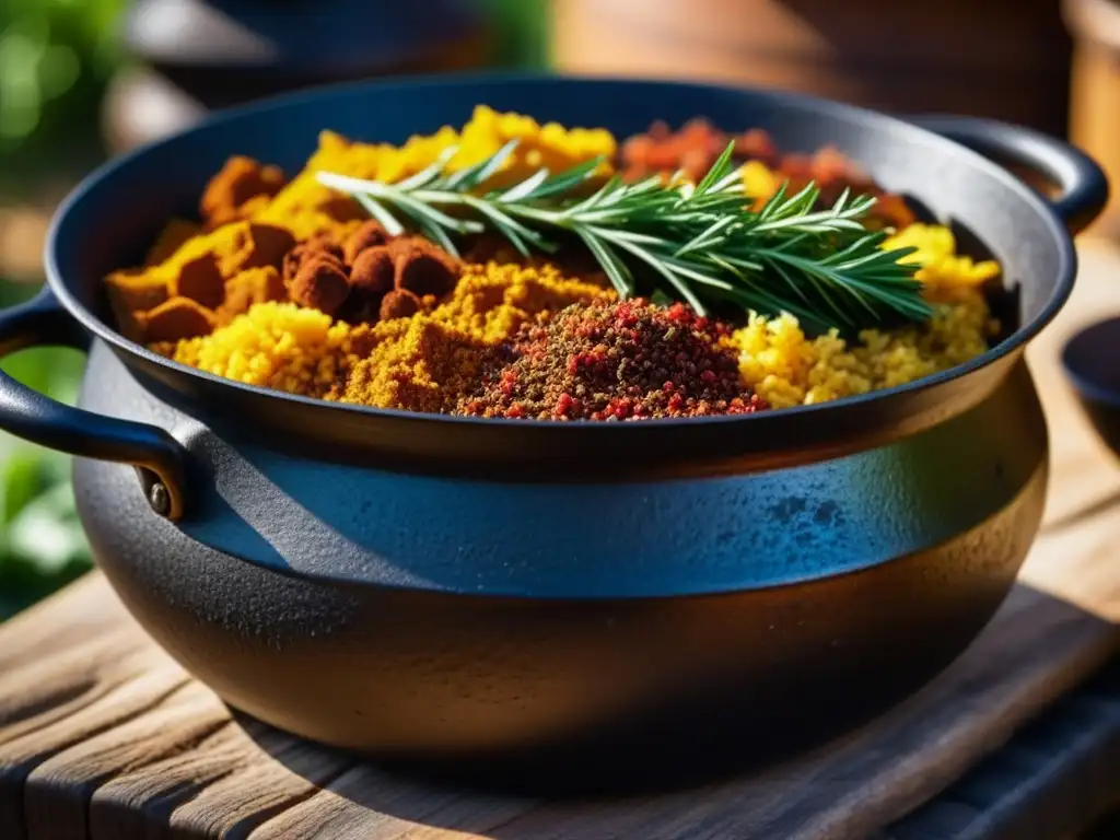 Detalle de una olla de hierro usada rodeada de ingredientes vibrantes, evocando la importancia cultural de la olla de hierro