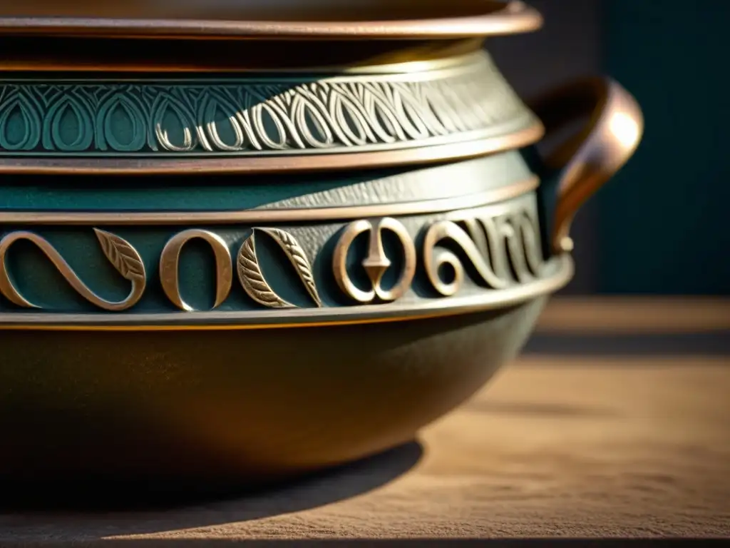 Detalle en 8k de una olla romana de bronce con grabados y pátina antigua