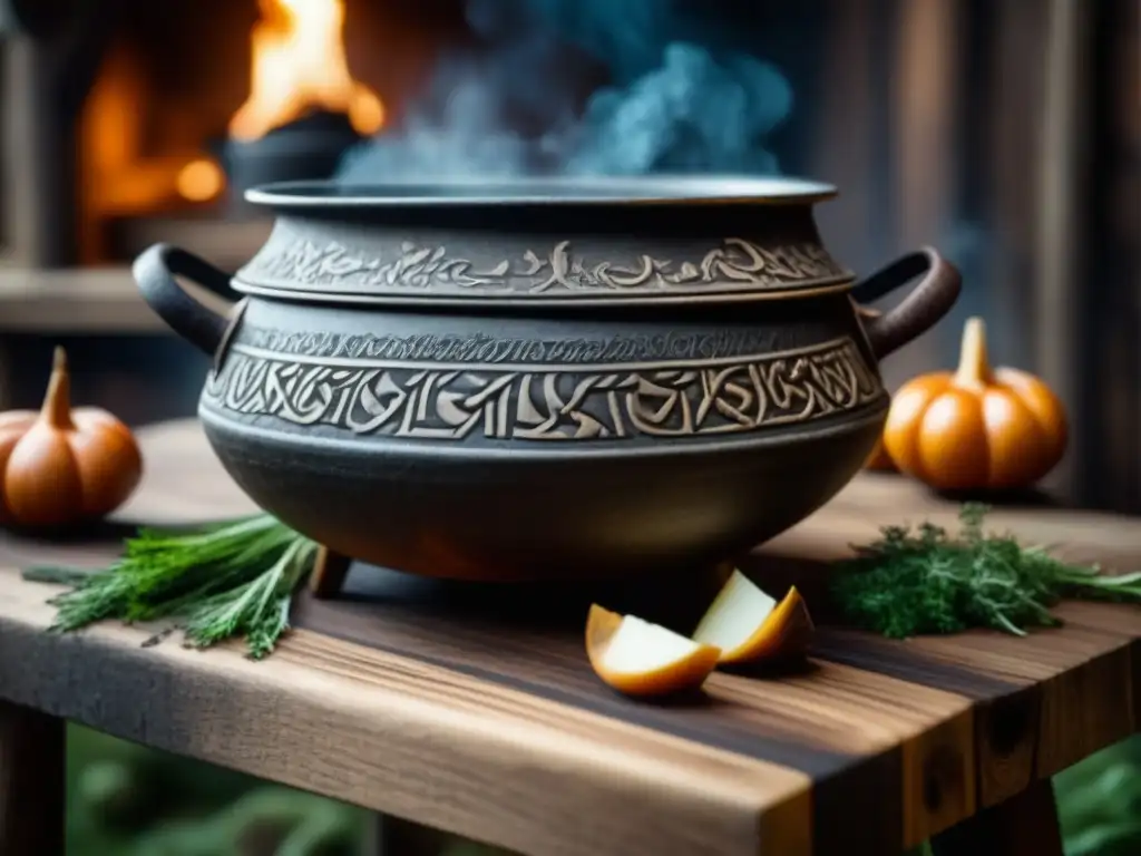 Detalle de olla vikinga antigua con influencia en la cocina vikinga gastronomía, en mesa rústica con ingredientes forrajeros