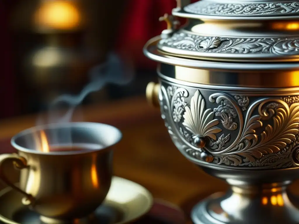 Detalle opulento del samovar ruso, con vapor evocando calidez y tradición