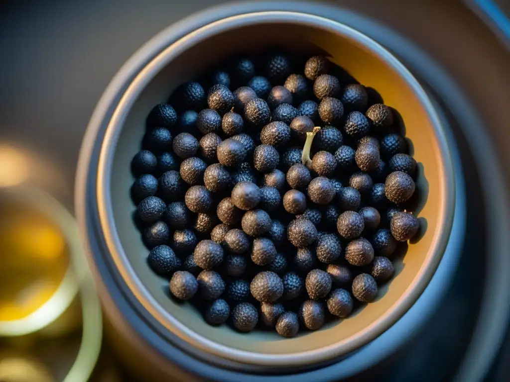 Detalle de origen ajo negro fermentado en jarra de arcilla tradicional, con patrones y texturas únicas