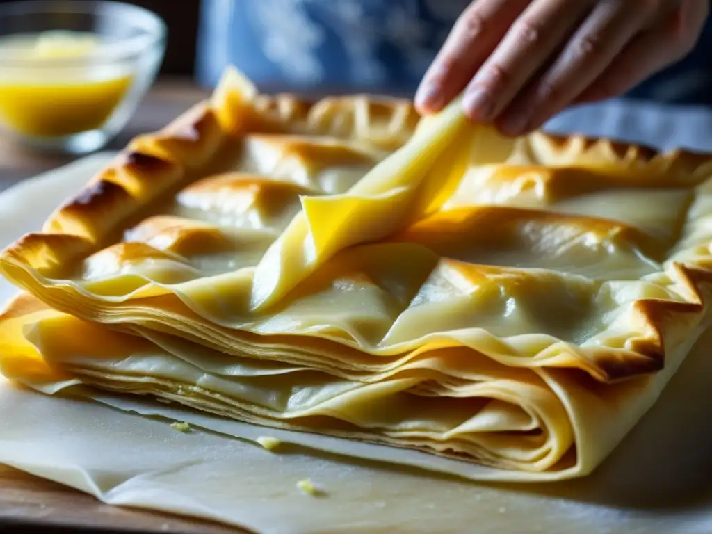 Detalle de filo pastry para Banitsa, resaltando su origen y evolución con mantequilla derretida