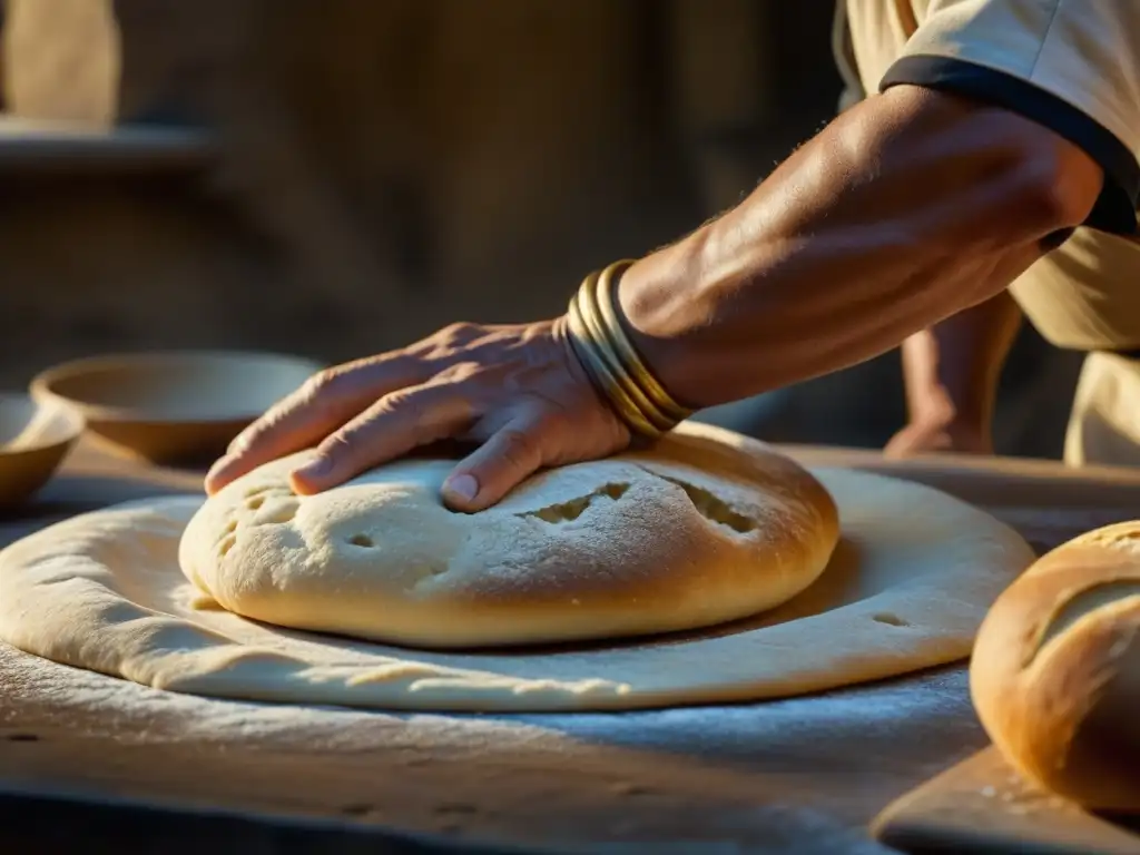 Detalle de un panadero romano amasando masa para el Panis, resaltando la importancia del Panis en Roma