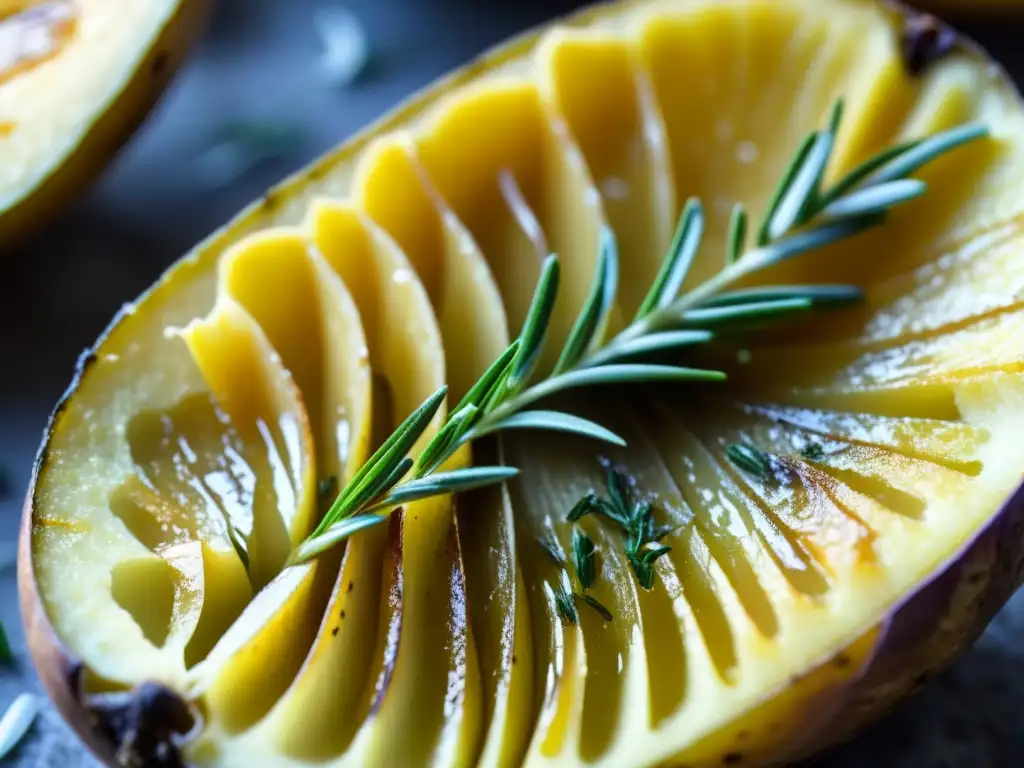 Detalle de una papita dorada y crujiente con romero fresco y sal marina, evocando la cocina europea