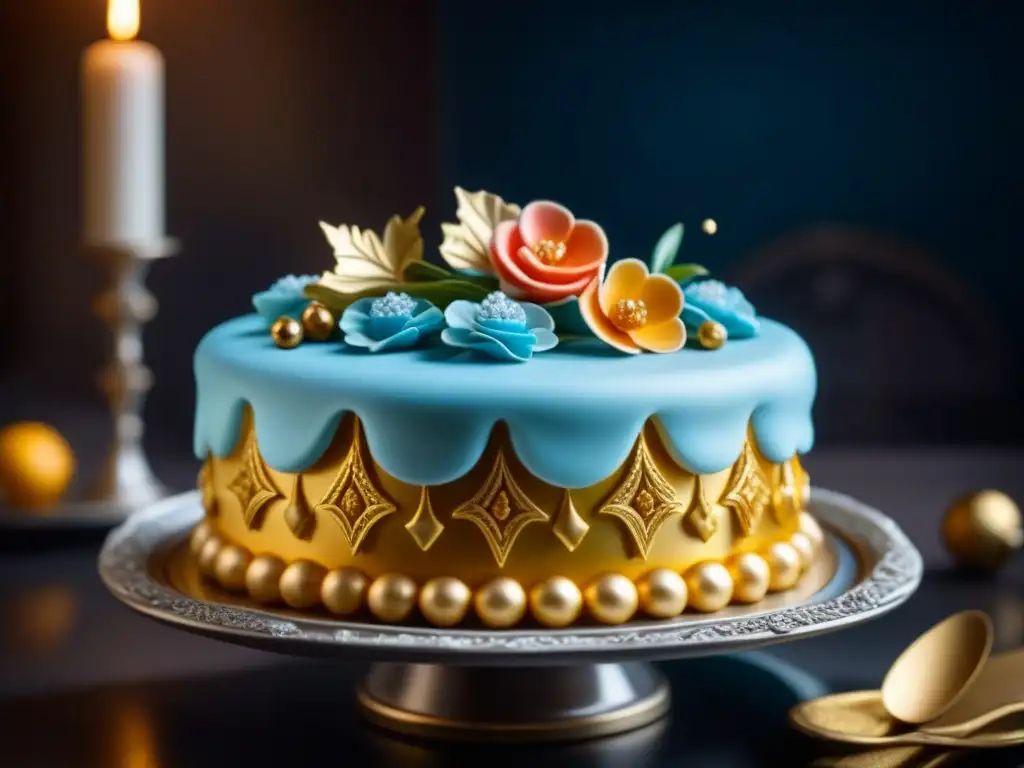 Detalle de un pastel barroco con flores de azúcar y hojas de oro, en un plato de plata antiguo