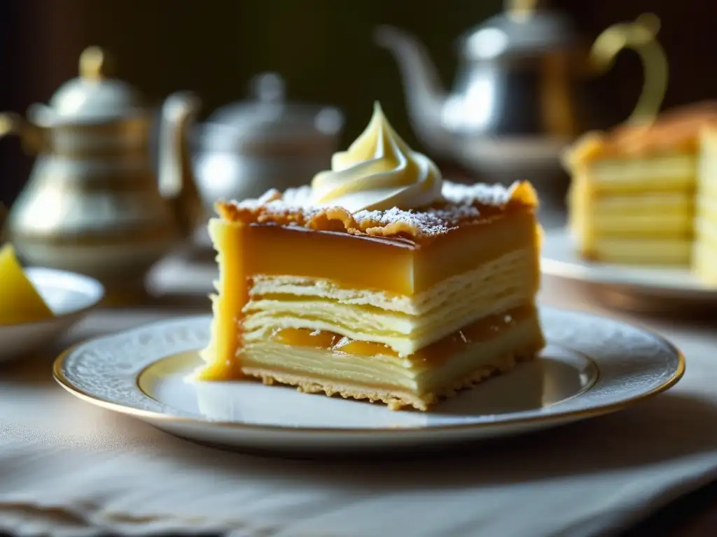 Detalle de un pastel Napoleón con influencias culinarias francesas y rusas, acompañado de un juego de té tradicional