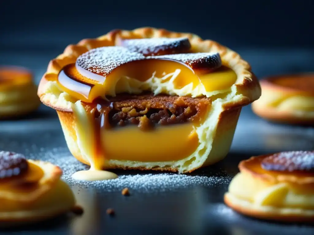 Detalle de un pastel de nata portugués con canela, resaltando la artesanía y texturas