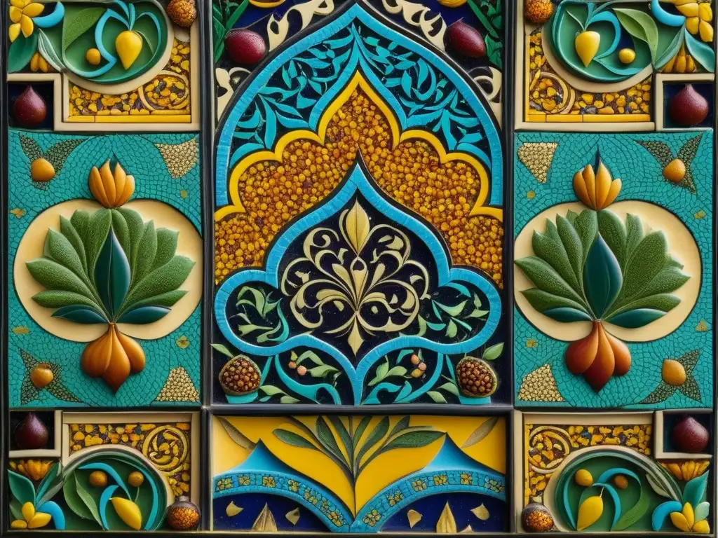 Mosaico persa detallado: mercado vibrante de especias y frutas Detalle de mosaico persa mostrando mercado lleno de especias y frutas, reflejo de la gastronomía tras las conquistas islámicas