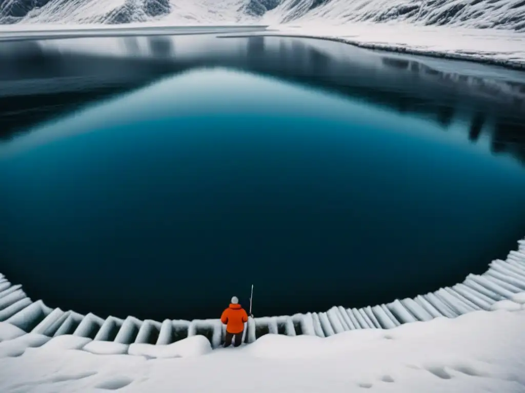 Detalle de un pescador escandinavo esperando en un hoyo de pesca en hielo, resaltando la importancia de la pesca en la cocina escandinava