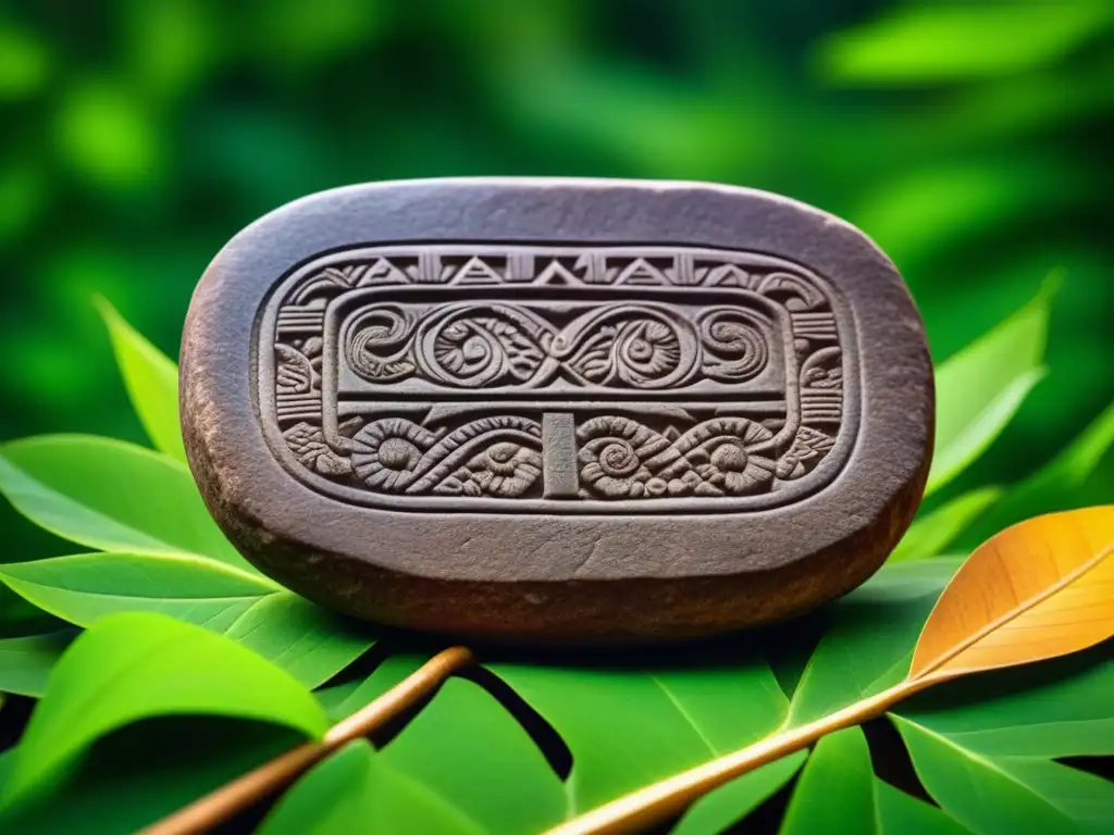 Detalle de piedra de moler cacao azteca con grabados, enmarcada por hojas verdes, destacando la historia del chocolate en culturas