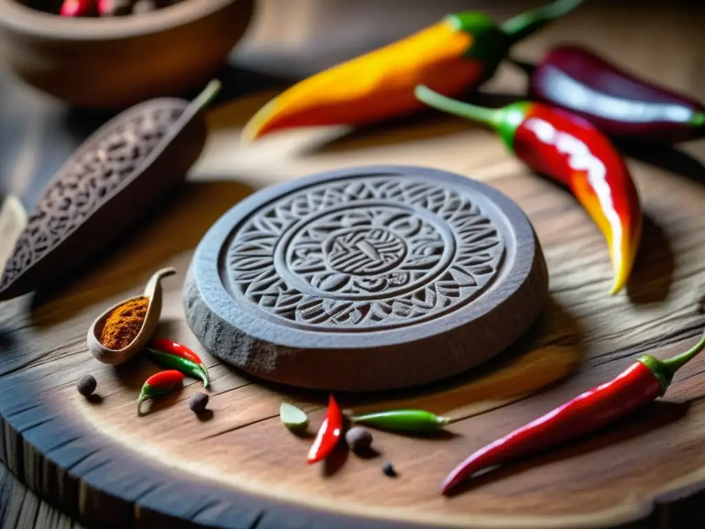 Arte culinario mesoamericano: molino de cacao y especias Detalle de piedra de moler cacao mesoamericana rodeada de cacao, chiles, canela y vainilla