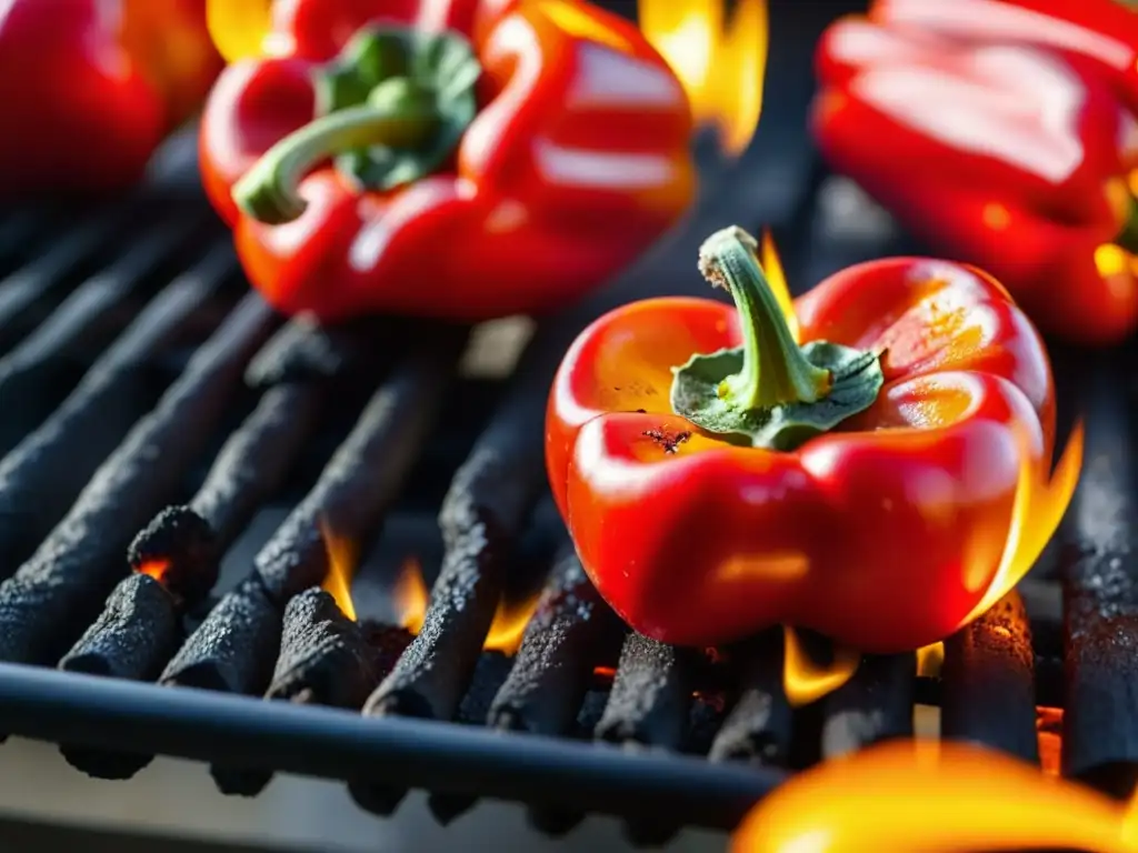 Detalle de pimientos rojos charrándose sobre fuego, listos para convertirse en Ajvar