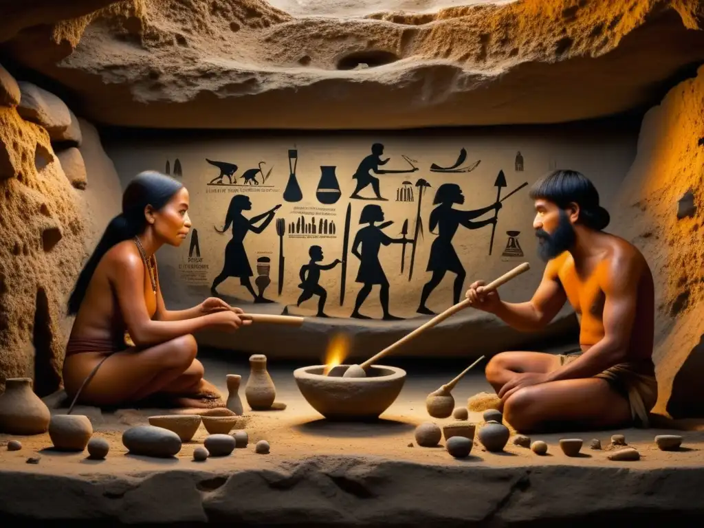 Detalle de pintura rupestre: humanos prehistóricos usando morteros y mano, evocando la evolución culinaria