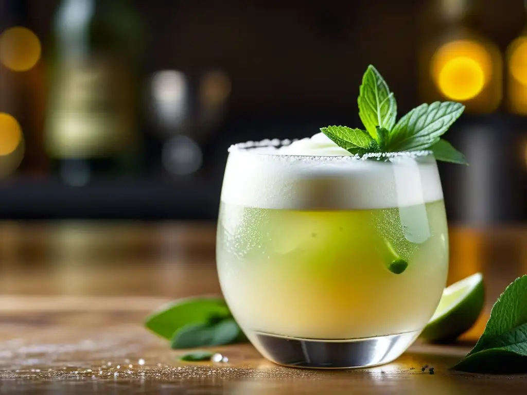 Detalle del pisco sour peruano con lima, menta y canela