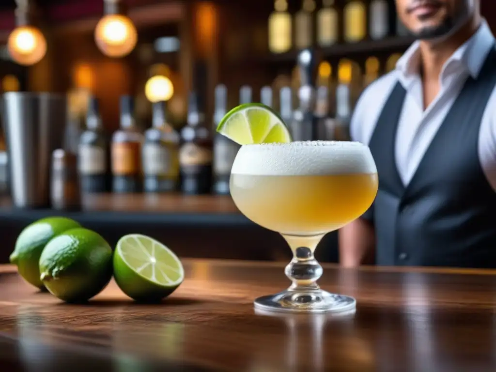 Detalle de un pisco sour peruano tradicional, con lima fresca y bíter aromático, en un bar animado