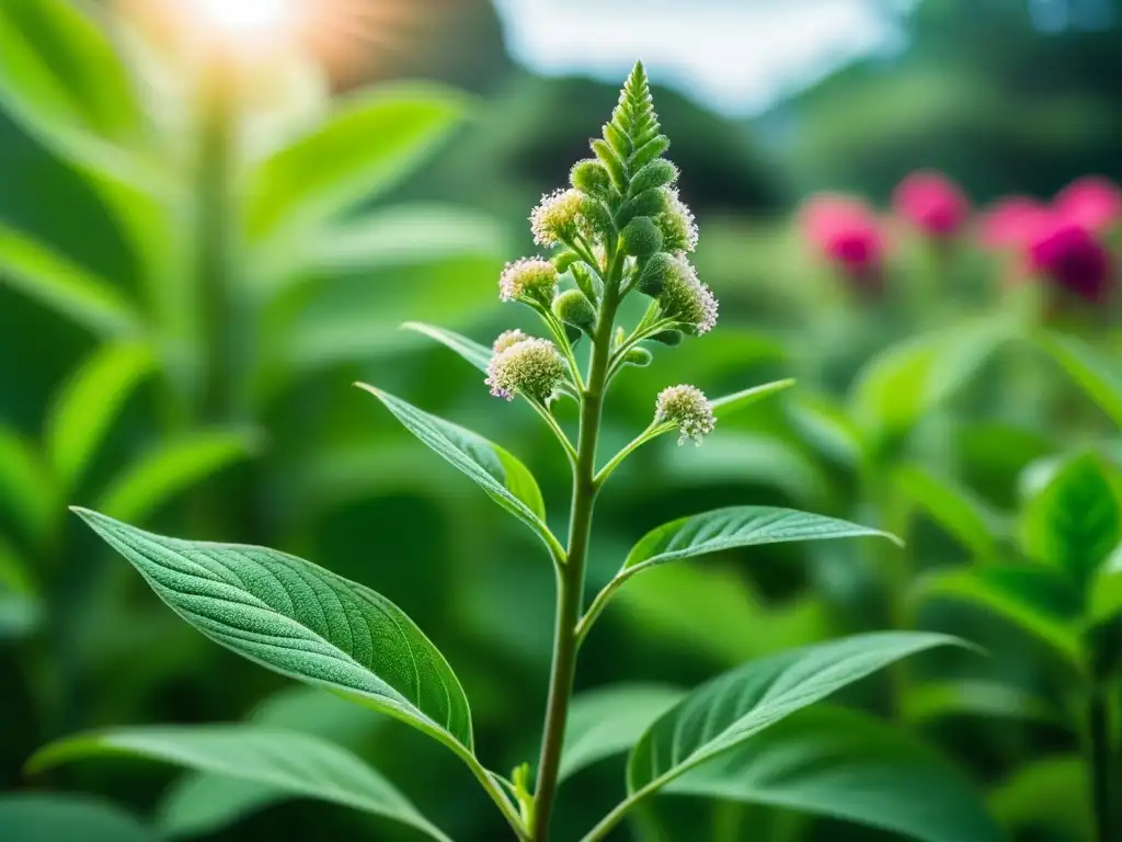 Detalle de planta de amaranto verde con flores delicadas, resaltando su belleza