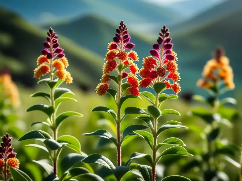 Detalle de una planta de quinoa en floración, resaltando su belleza natural en un paisaje andino