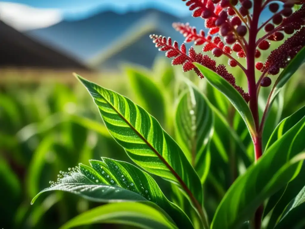 Detalle de planta de quinua vibrante en los Andes, resaltando su belleza y resistencia ante el cambio climático