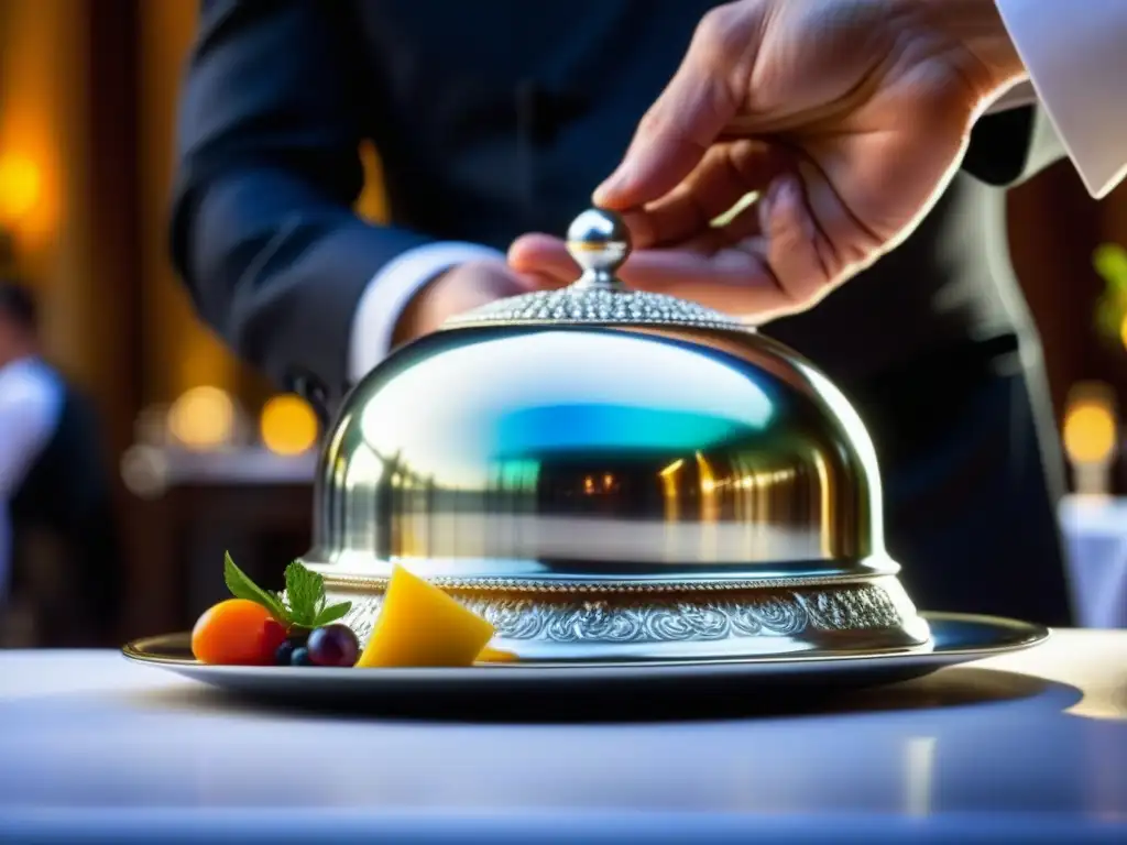 Detalle de un plato de alta cocina francesa bajo una campana plateada levantada por un camarero