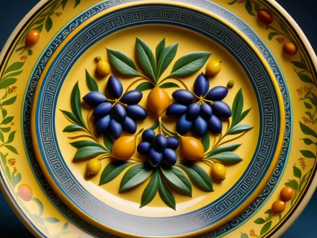 Detalle de un plato de banquete griego antiguo, reflejando la relevancia cultural de la gastronomía en la antigua Grecia