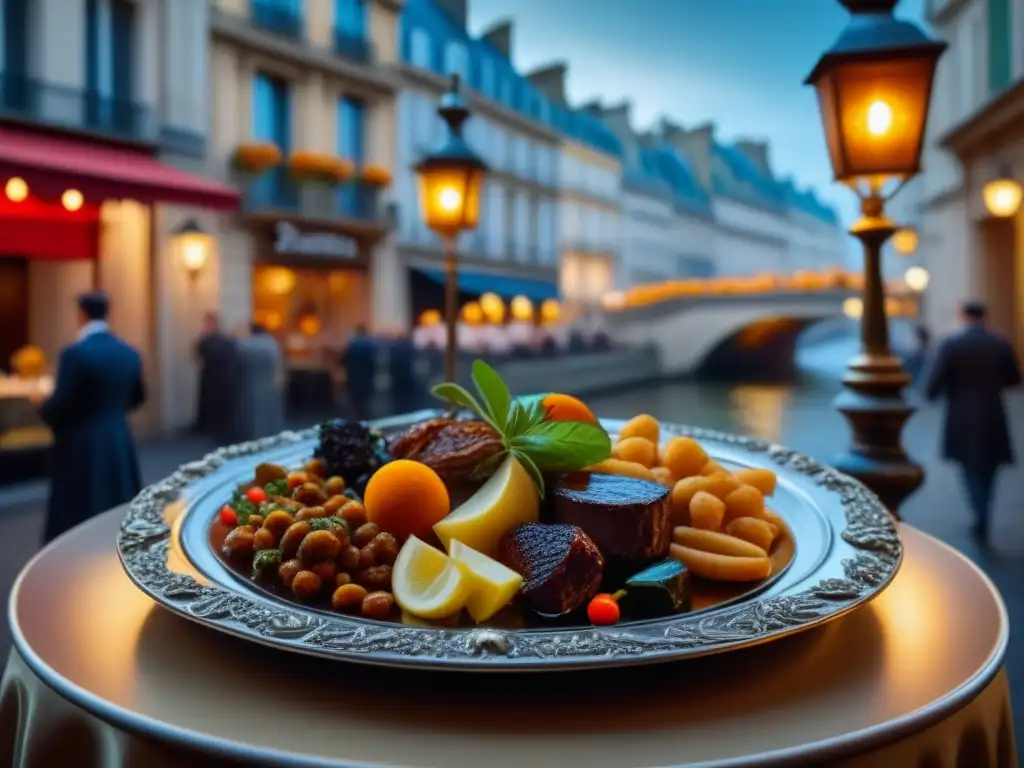 Detalle de plato barroco con miniaturas de platos parisinos en calle de París, con el río Sena al fondo, gastronomía barroca río Sena