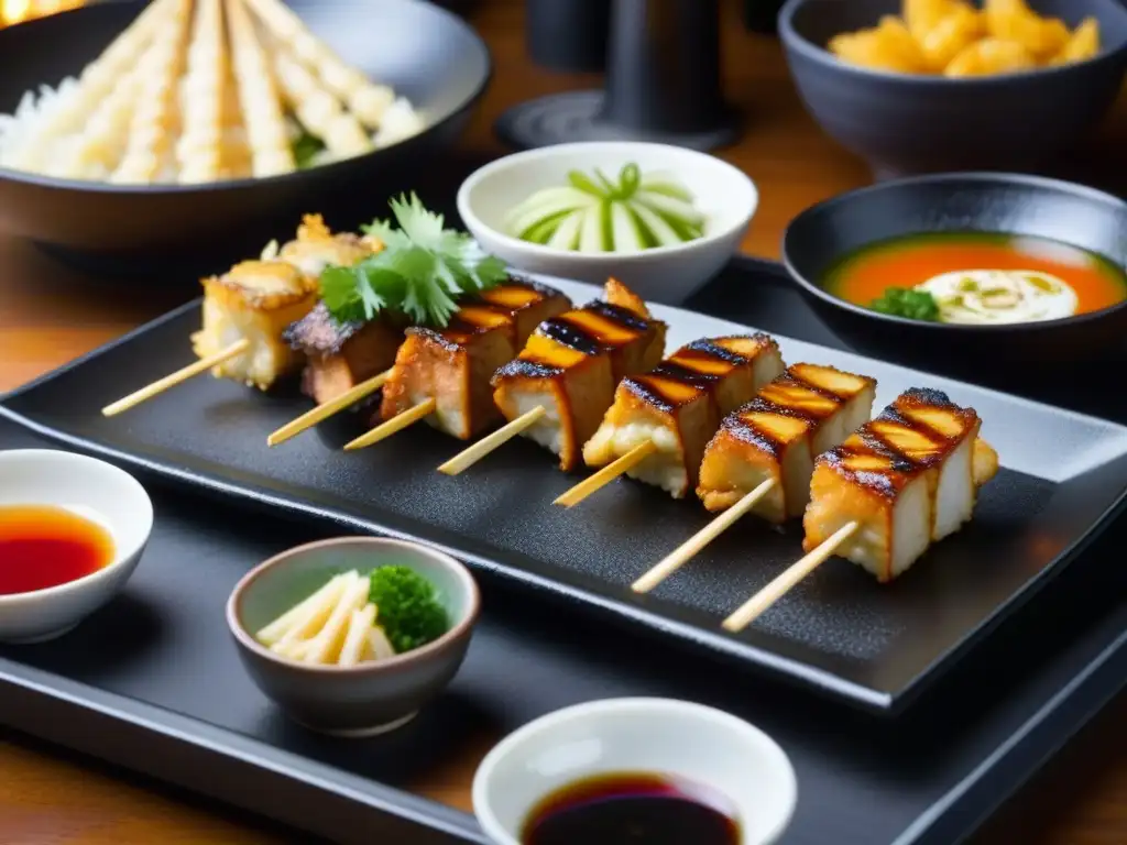 Detalle de plato caliente en izakaya con yakitori, tempura y miso, historia izakayas innovación gastronomía japonesa