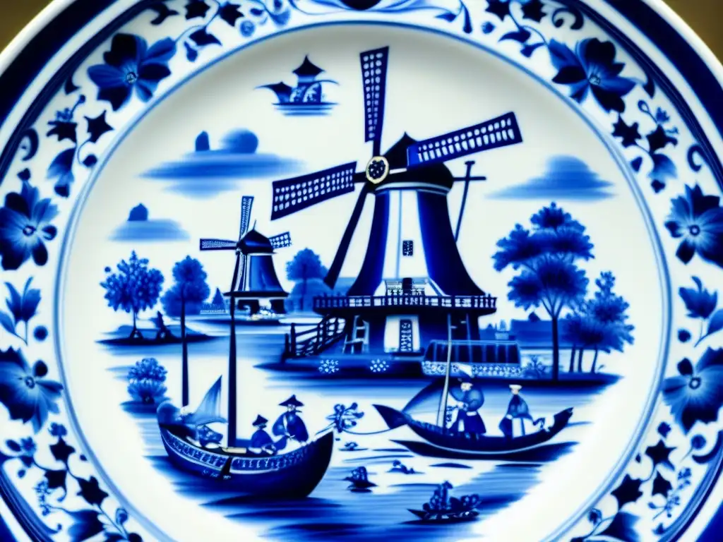 Detalle de un plato de cerámica Delft azul y blanco, resaltando la historia cerámica Delft influencia global