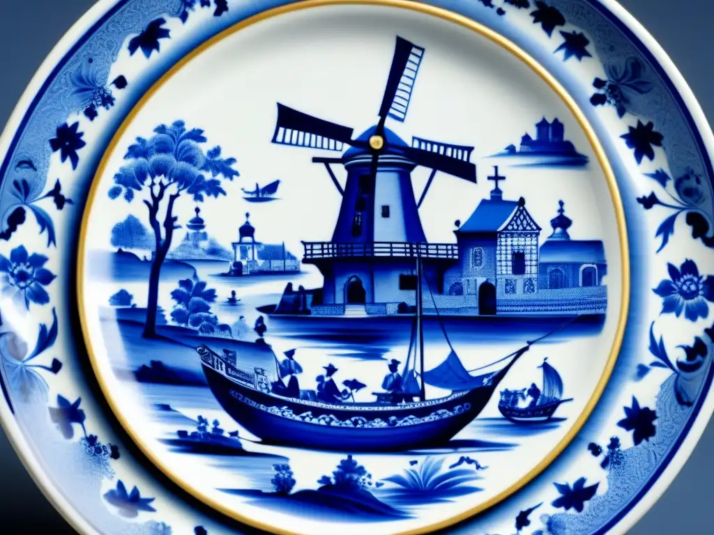 Detalle de plato de cerámica Delft del siglo XVII con influencia global y diseño azul intrincado de molinos de viento, flores y escenas marítimas