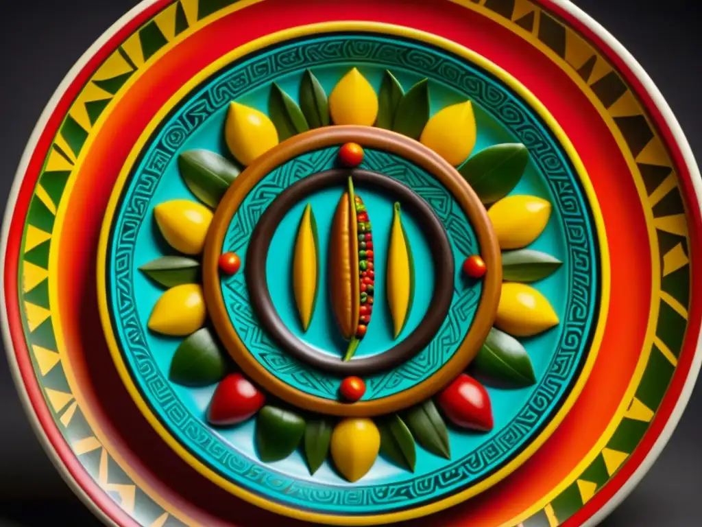 Detalle de un plato ceremonial azteca con vibrantes colores y patrones intrincados que representan la Alimentación azteca y su significado