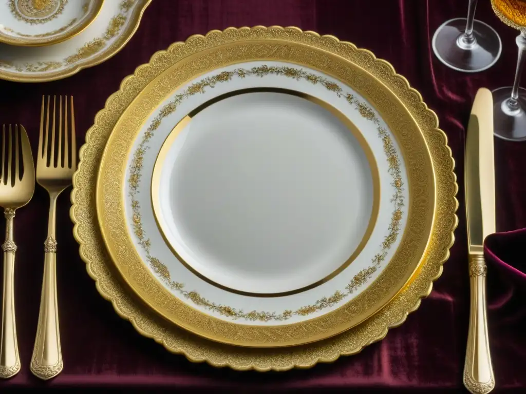 Detalle de un plato francés dorado del siglo XVIII sobre mantel de terciopelo, reflejando la influencia francesa en la mesa