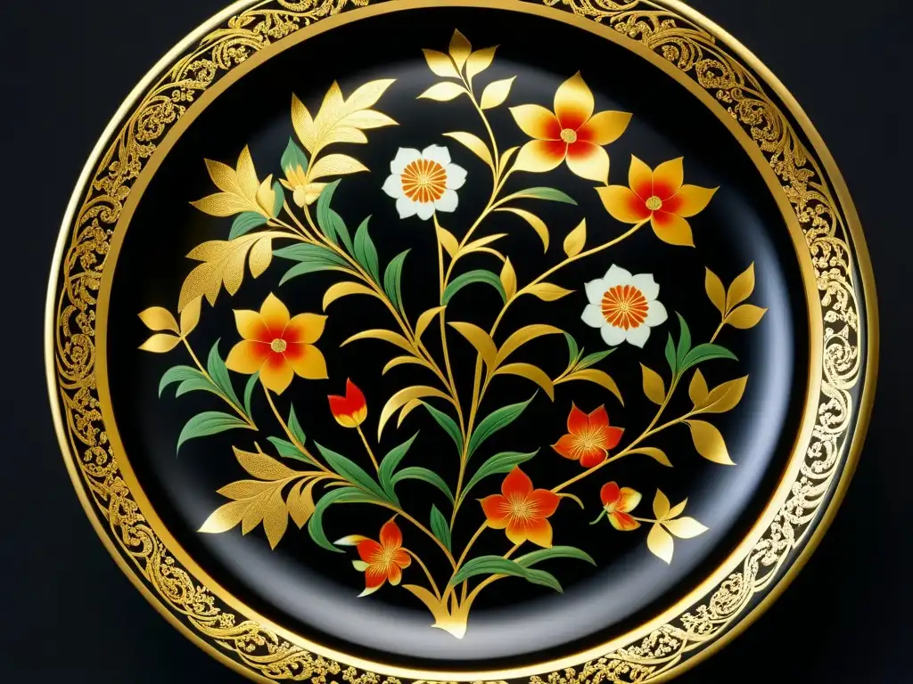 Detalle de un plato de laca de la era Heian con motivos de hoja de oro y patrones florales pintados a mano, en un fondo oscuro