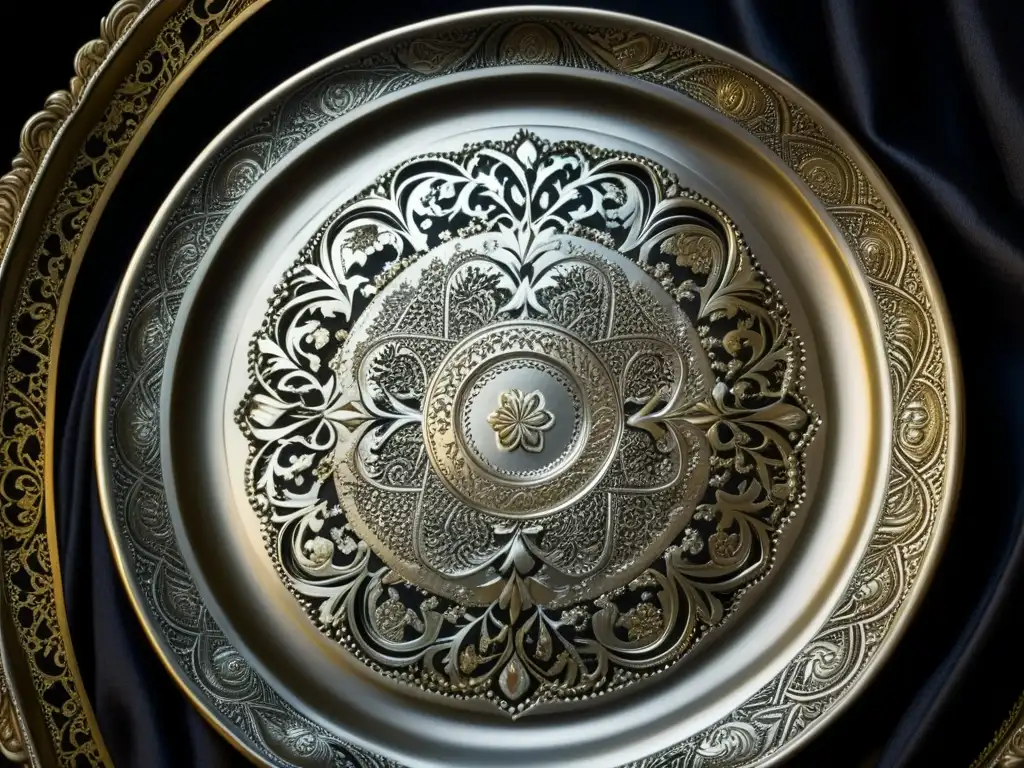 Detalle de plato de plata Mughal enriquecido con grabados florales y motivos ornamentales sobre tela oscura