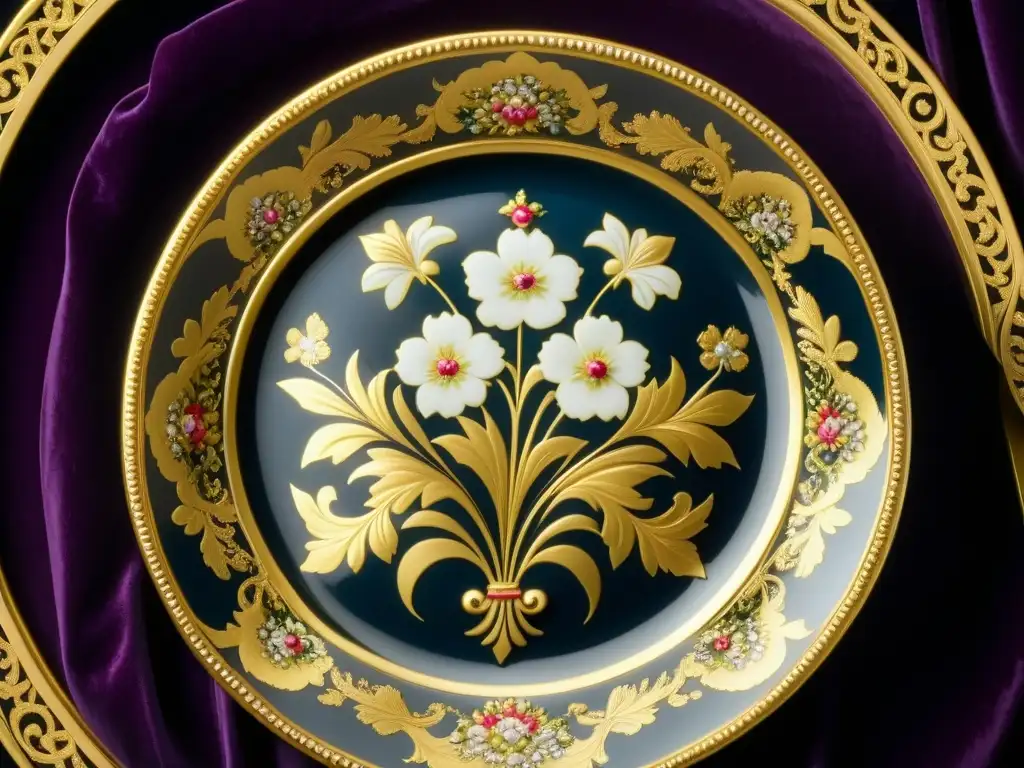 Detalle de un plato de porcelana adornado con oro de la era de Catalina la Grande, en un elegante fondo de terciopelo oscuro